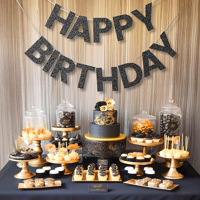 Happy Birthday Banner - 9ft Pre-Strung Happy Birthday Sign for Women, Men, Girls, Boys - No DIY Birthday Decorations & Party Supplies(Black Glitter)