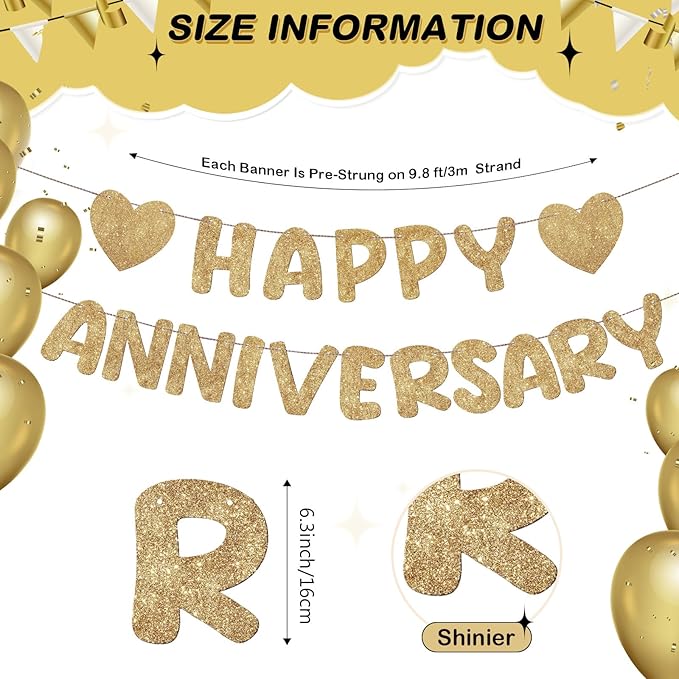 Fulmoon Happy Anniversary Banner Glitter Happy Anniversary Decorations Wedding Party Banner Romantic Decorations No DIY Pre-strung for Wedding Party Birthday Door(Champagne Gold)