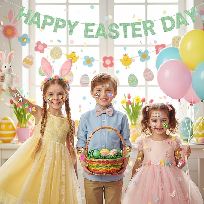 Easter Temporary Tattoos - Easter Party Decorations Stickers Easter Party Favors Accessories Supplies Eggs Hunt Bunny Basket Rabbit Suitable For Kids Teens Youth Adult Gift Idea 4 Sheets - 50Pcs