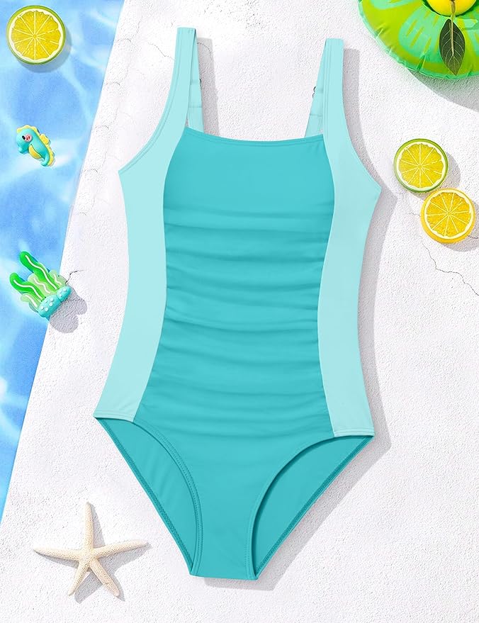 Girl Swimsuit One Piece Bathing Suit for Girls Solid Color Ruched Adjustable Straps Padded Swimwear 9-16y