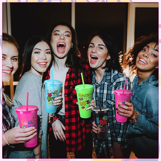 12 Pcs 90s Party Cups with Lids and Straws, 24OZ 90s Theme Party Decorations Drinking Cups Bulk for Retro Music Party Supplies Throwback Dance Birthday Party Supplies