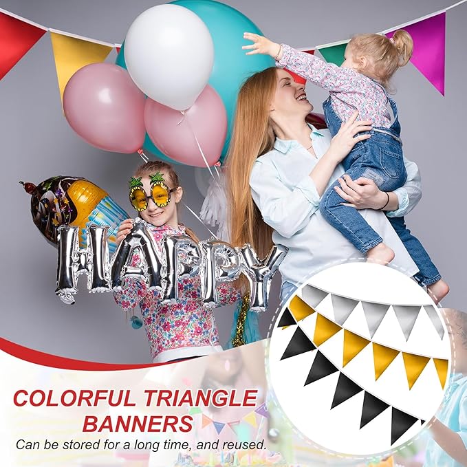 PATIKIL Pennant Banner Flags 33 Ft, 36 Pcs Colorful Triangle Banners Party Banner Bunting Garland String for Graduation Birthday Wedding Outdoor Decoration, Black/Gold/Silver