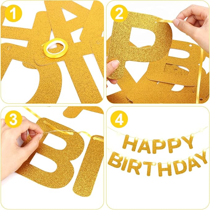 Glitter Gold Happy Birthday Banner with Lights for Happy Birthday Party Decorations Birthday Sign Bunting Banner with Shiny Letter Baby Birthday Party Decorations Supplies for Kids Adult
