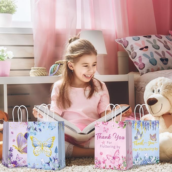 Outus 24 Pcs Spring Butterfly Party Favors Bags Butterfly Goodie Gift Paper Bags with Handles Purple Blue Pink Thank You Candy Treat Pouch for Wedding Baby Shower Birthday Party Decoration Supplies