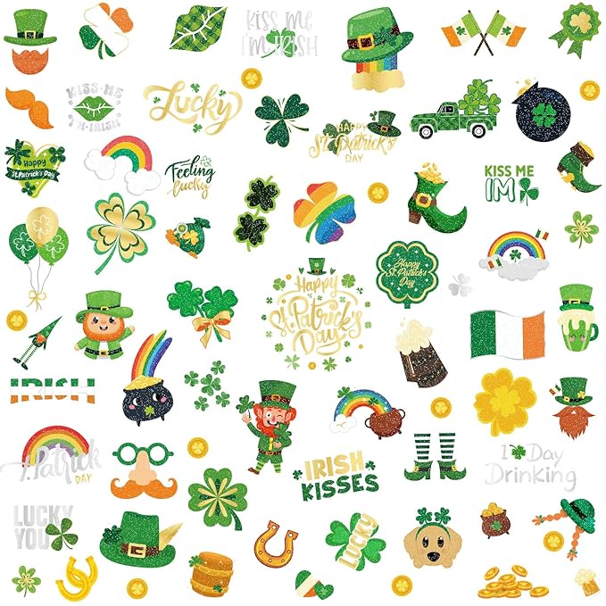 Xzentira 91pcs St. Patrick's Day Glitter Temporary Tattoos, Shamrock Face Tattoos Clover Body Stickers for Irish Party Favors, Lucky Saint Patricks Day Accessories for Parades & Holiday Decorations