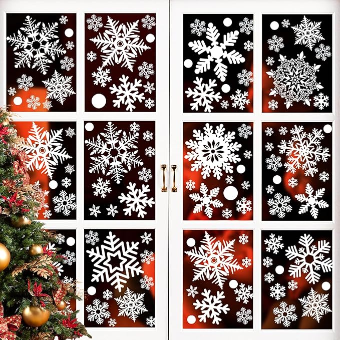 White Snowflake Window Clings for Christmas Decorations, Holiday Frozen Winter Wonderland Party Supplies, PVC Snowflake Static Stickers for Window Glass, 180PCS (Plain White)