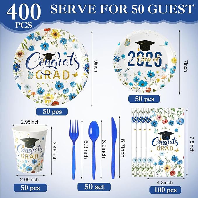 400 Pcs Class of 2026 Blue Floral Graduation Decorations for 50 Guests, Blue Gold Flower Graduation Paper Plates Napkins and Cups Cutlery Grad Tableware for 2026 Congrats Grad Party Supply