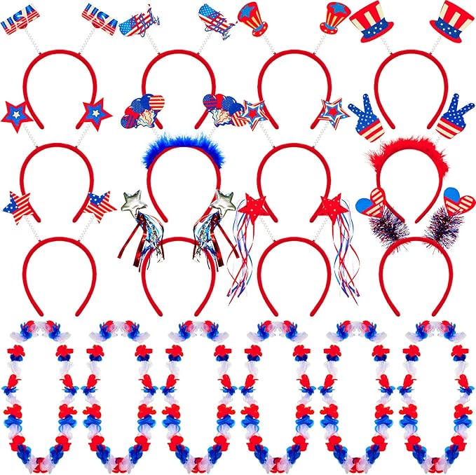 24 Pcs 4th of July Party Accessories, 12 Patriotic Headbands, 12 Independence Flower Leis, Red White Blue Star USA Flag Head Bopper for 4th of July Labor Day Veterans Memorial Day Party Supplies Favor