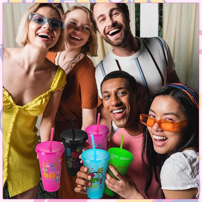 12 Pcs 90s Party Cups with Lids and Straws, 24OZ 90s Theme Party Decorations Drinking Cups Bulk for Retro Music Party Supplies Throwback Dance Birthday Party Supplies