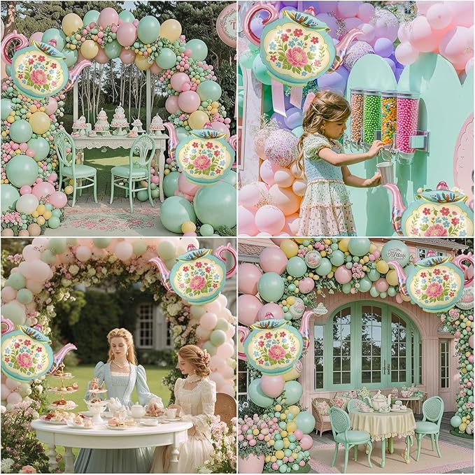 102 Pcs Tea Party Balloons, 35" Huge Teapot Aluminum Foil Balloons Pink Green Gold Confetti Latex Balloon for Girls Birthday Let's Par Tea Baby Shower Bridal Shower Garden Party Decorations Supplies