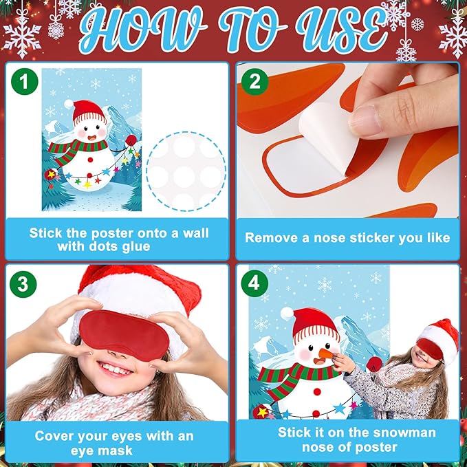 AUGSUN Pin The Nose On The Snowman, Christmas Snowman Games Large Snowman Poster with Carrot Nose and Blindfold Christmas Activities for Families Adult Kids Xmas Gifts Winter Holiday Party Supplies