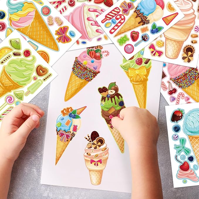 24 Sheets Ice Cream Make a Face Sticker Sheets for Kids Todders Activities, Make Your Own Stickers for Kids Birthday Party Favor Supplies Craft
