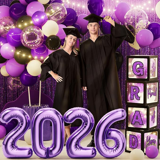 Graduation Party Decoration Class of 2026 86PCS Purple & Black Graduation Party Supplies High School College Grad Balloon Boxes with Letter, LED String Light, Foil Curtain, Balloon Garland Kit