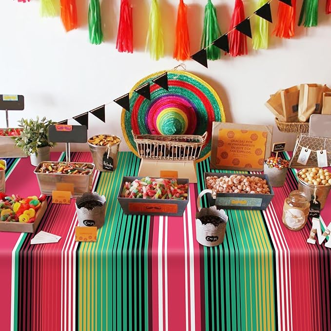 2 Pack Mexican Serape Tablecloth 54 x 108 Inch Disposable Plastic Tablecloth Mexican Striped Party Table Cover for Birthday Party Wedding Decorations Outdoor Picnics Dining