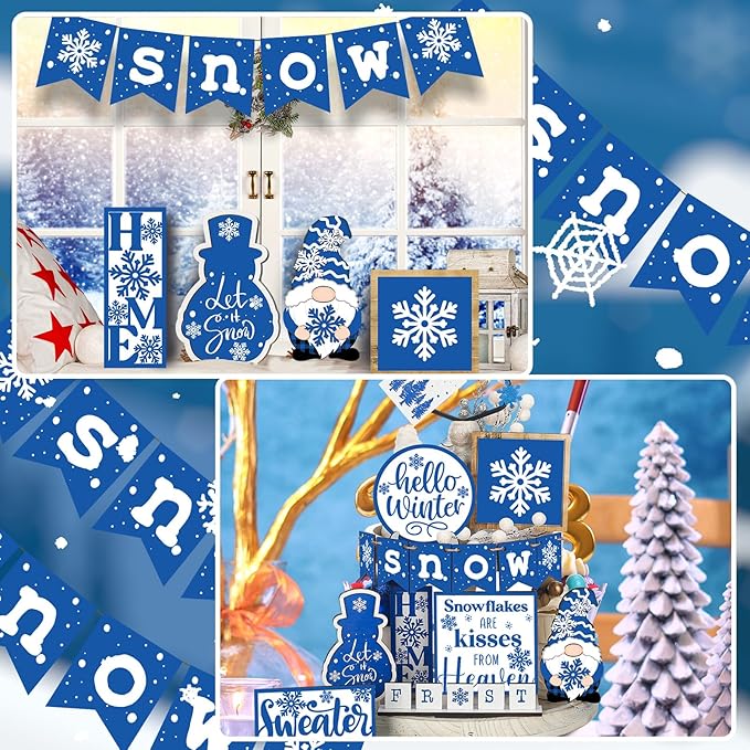 Winter Tiered Tray Decor Set Hello Winter Snowman Wooden Signs Snowflake Decorations Rustic Farmhouse Blocks Sign for Home Table Harvest Holiday
