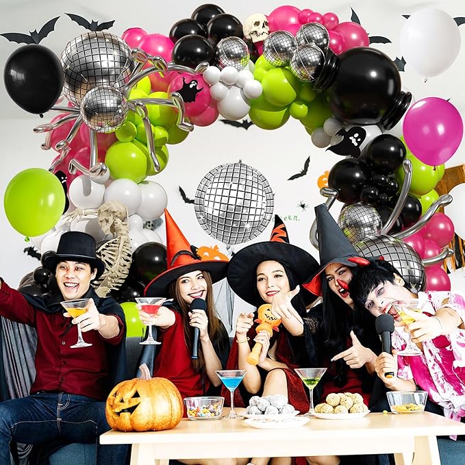 Halloween Balloons Arch Kit, Black Green Hot Pink Balloon Garland Kit with 4D Disco Spider Balloon, Black Pink White Metallic Silver Long Balloons for Halloween Birthday Home Garden Party Decorations