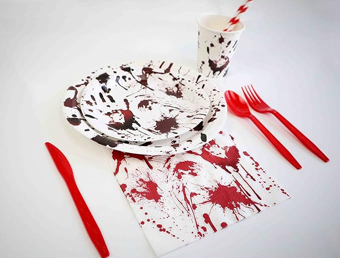 Halloween Party Supplies Dinnerware Decorations - Bloody Zombie Tablecloth, Paper Plates, Cups, Straw, Napkins, Cutlery - Horror Halloween Birthday Party Decorations Tableware Serves 20 Guests-161CT