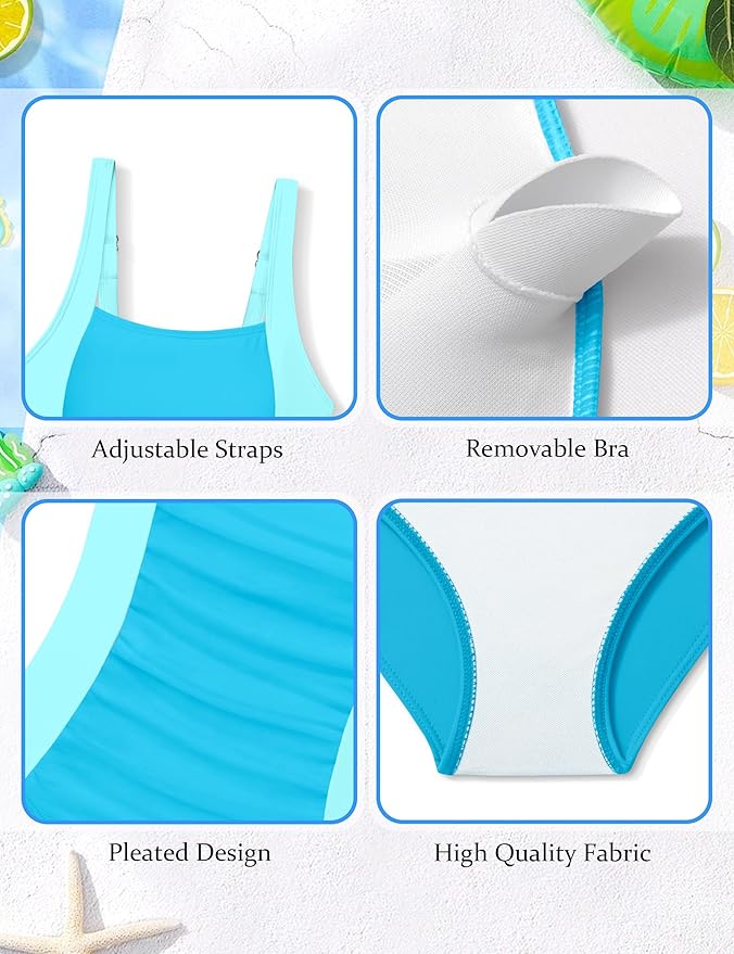 Girl Swimsuit One Piece Bathing Suit for Girls Solid Color Ruched Adjustable Straps Padded Swimwear 9-16y