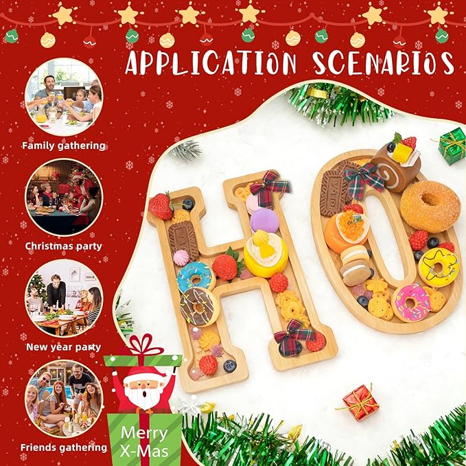 6PCS Bamboo Christmas Decorations Letters Charcuterie Board Box-(with 14 Balloons and Bow) HOHOHO Charcuterie Letters Fillable Food Christmas Party Supplies Table Decoration Food Tray Platter