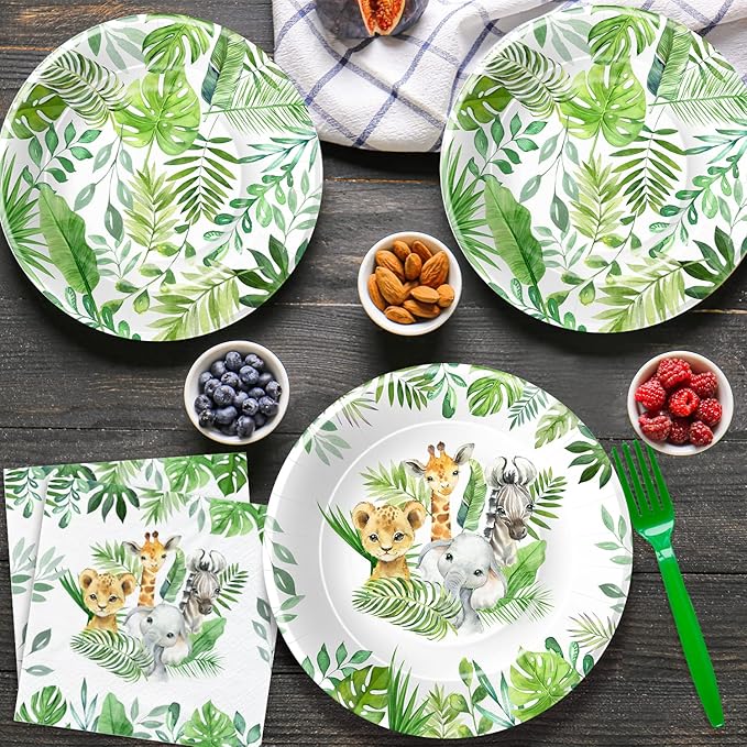 Safari Birthday Decorations Tableware - Jungle Theme Party Supplies Include Plates, Cups, Napkin, Cutlery, Tablecloth, Straws, Animal Safari Jungle Birthday Baby Shower Decorations | Serve 24
