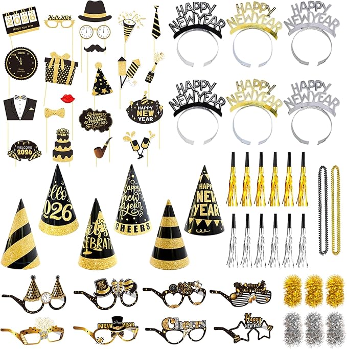 New Years Eve Party Supplies 2026 – 65 PCS Celebration Kit with Headbands, Cone Hats, Glasses, Necklaces, Noise Makers, Photo Booth Props & Wristbands – Gold Silver Happy New Year Decorations