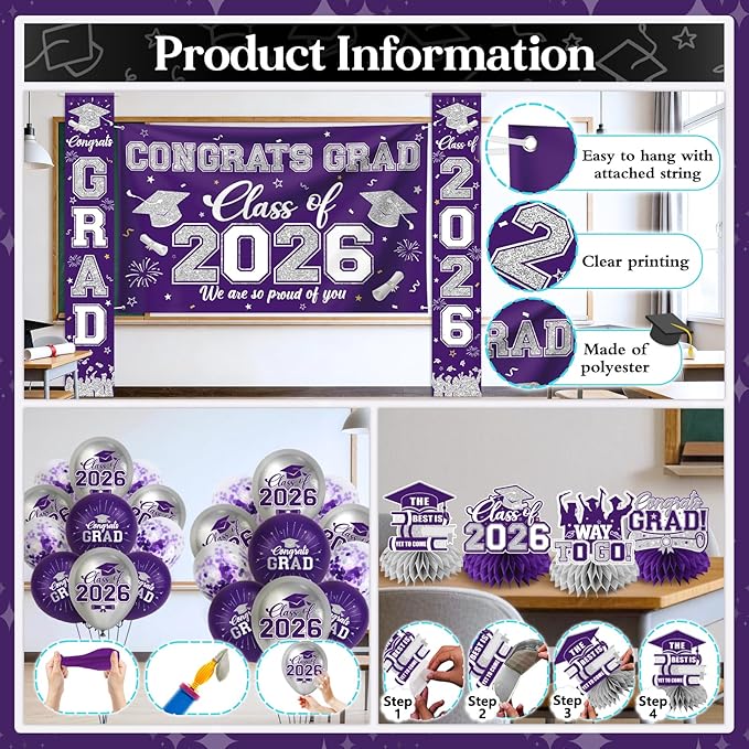Purple and Silver Graduation Decorations 2026 Set, All-in-1 Kit with Congrats Grad Banner Class of 2026 Backdrop Porch Sign Balloons Centerpieces Card Box Pom Poms Streamers for College High School