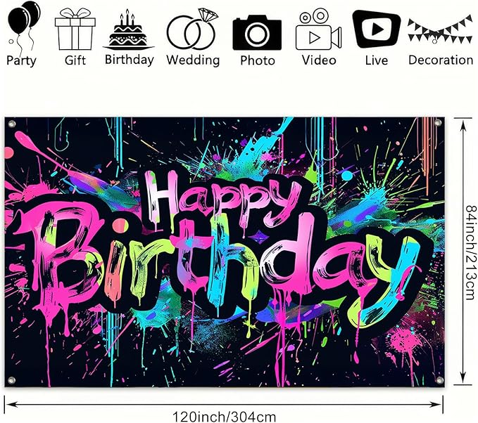 Neon Happy Birthday Banner 120x84 inch Photography Backdrops Party Background Decorations Colorful Graffiti Splash Paint KidsBirthday Supplies Glow in The Dark