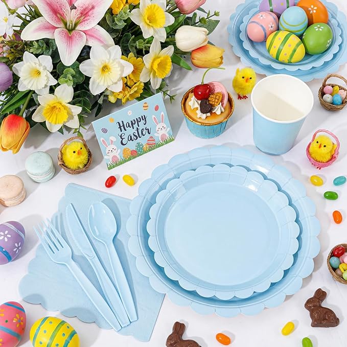 LIYH 350 Pcs Light Blue Paper Plates and Napkins 50 Guest Blue Party Supplies Include Scalloped Easter Paper Plates Cocktail Napkins Cups Spoons Forks Knives for Baby Shower,Birthday