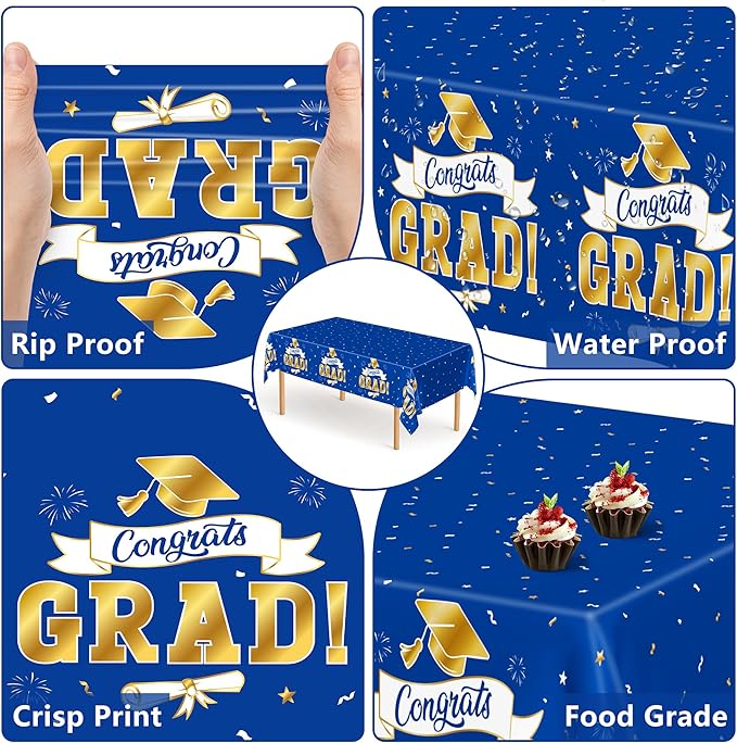 QZYL 2Pack 2026 Graduation Decorations, 108" X 54" Graduation Tablecloth, Bluegold Disposable Table Cloths for Grad Party Favors Supplies, Rectangle Plastic Tablecover for Class 2026 Congrats Grad