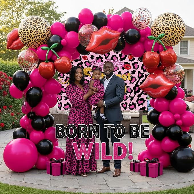 Hot Pink and Black Balloons Arch Kit Cherry Birthday Decorations with Background cloth Foil Cheetah Print lips Cheetah Balloons for Baby Shower Bachelorette Party Decorations