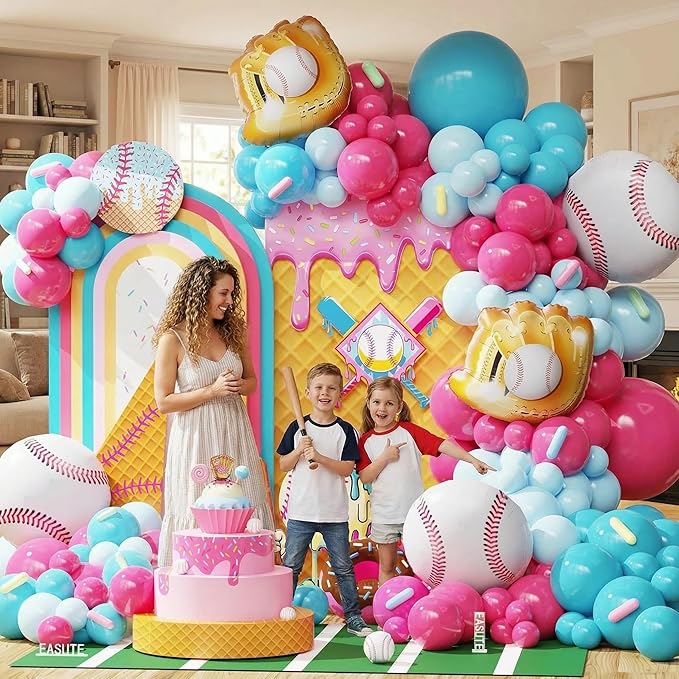 Ice Cream Drip Baseball Birthday Party Decorations, 133PCS Baseball Balloon Arch Garland Kit Ice Cream Theme Hot Pink Latex Balloons with Baseball Foil Balloons for Birthday Baby Shower Party Supplies