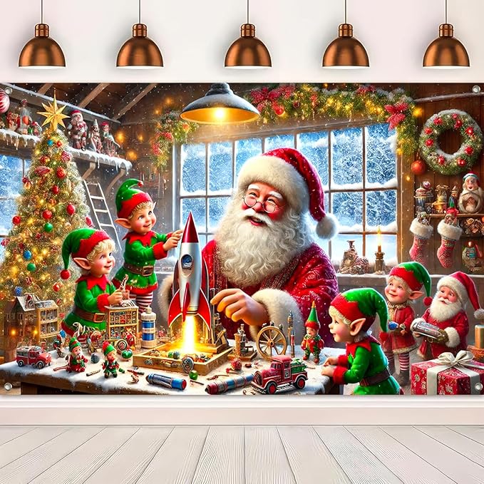 Christmas Banner Santa Claus Elves Workshop Rocket Toy Christmas Tree Stockings Garland Winter Snow Scene 71x43 Inches Indoor Outdoor Holiday Party Decoration