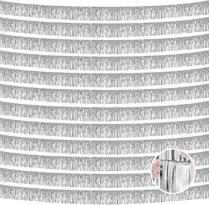 12 Pack 10 Feet Metallic Foil Fringe Garland Tinsel Streamers Banner, Silver Wall Hanging Tinsel Fringe Banners for Parade Floats, Wedding, Birthday, Christmas, New Year Party Decorations