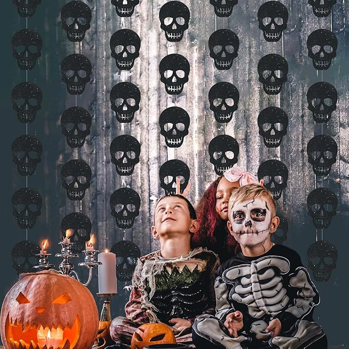 Xinnun Skull Party Decorations Black Skeleton Hanging Banners Garland Gothic Theme Banner Cutouts Ribbon Streamers for Halloween Spooky Funny Funeral Birthday Party Decor Supplies(Skull)