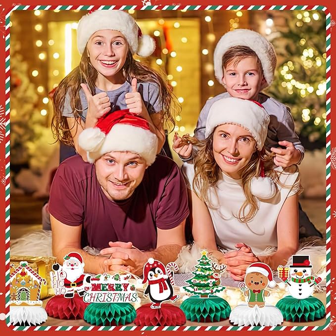 JULMELON Christmas Table Decorations Honeycomb Centerpieces,8 PCS 3D Double Side Xmas Holidays Table Centerpieces Cute Santa Snowman Table Toppers Decor for Christmas Party Supplies