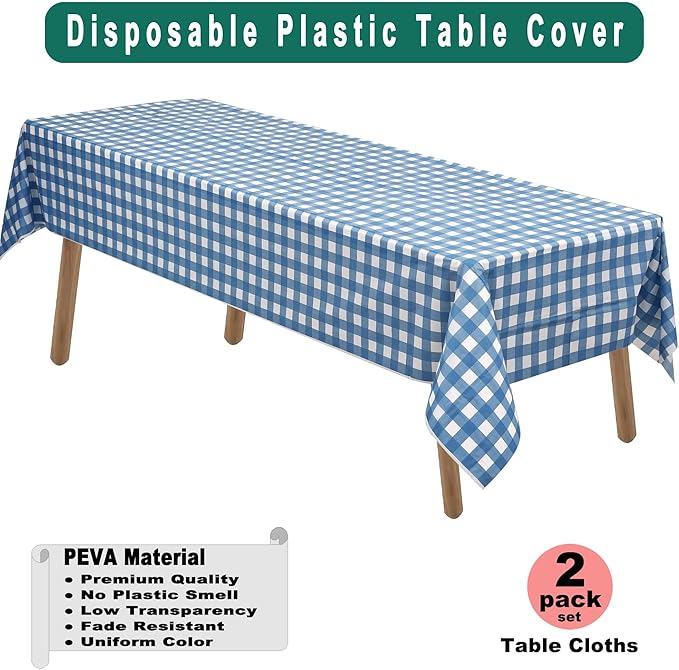 Blue Gingham Checkered Plastic Tablecloths 2 Pack Disposable Table Covers 54 x 108 Inch Party Tablecovers Buffalo Plaid Table Cloths for BBQ Picnic Birthday Wedding Parties 8 ft Rectangle Table Use