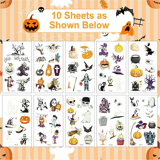 79 Pcs Halloween Scar Temporary Tattoos，Assorted Treat or Trick Halloween Fake Tattoo Stickers Goody Bag Stuffers Prizes