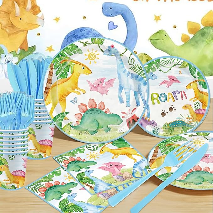 Dinosaur Birthday Party Supplies - 175PCS Dinosaur Themes Party Tableware Set, Bithday Disposable Paper Plates Cups and Napkins For Boys Kids Birthday Baby Shower Decorations, Serve 25