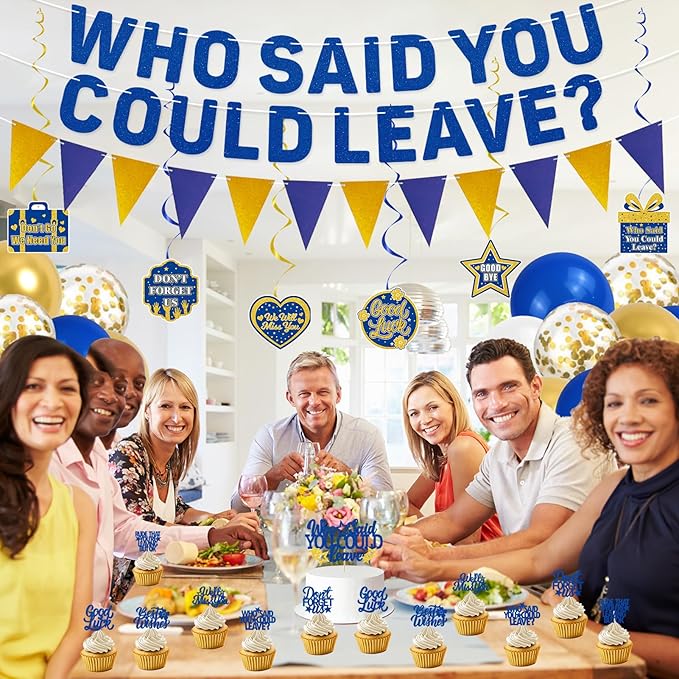 Roetyce Farewell Party Decorations, Gold and Blue Who Said You Could Leave Banner Cake Toppers Balloons Hanging Swirls, Going Away Retirement Leaving Party Decorations, Coworker Goodbye Party Supplies