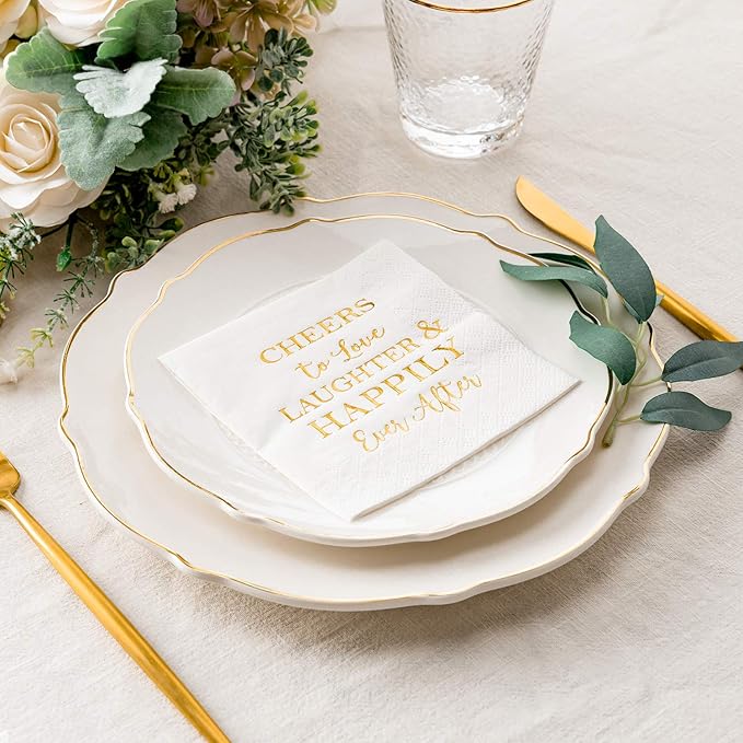 Crisky 3-Ply 50 Count Bridal Shower Napkins Disposable Cocktail Napkins Gold Foil Text Beverage Napkins for Engagement Party Decorations & Wedding Shower