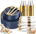175PCS Blue and Gold Plastic Plates - Navy Blue Plates with Pre Rolled Napkins for Party - 25Guest Disposable Dinnerware Sets for Party/Birthday/Wedding/Passover/Easter