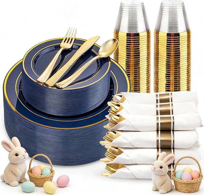 175PCS Blue and Gold Plastic Plates - Navy Blue Plates with Pre Rolled Napkins for Party - 25Guest Disposable Dinnerware Sets for Party/Birthday/Wedding/Passover/Easter