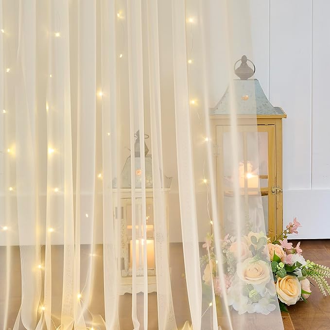 20×12ft Champagne Tulle Backdrop Curtain with Lights String for Parites Sheer Fabric Backdrop Curtains for Wedding Baby Shower Birthday Party Backdrop Drapes Photo Shoot Background 4 Panels 5ft×12ft
