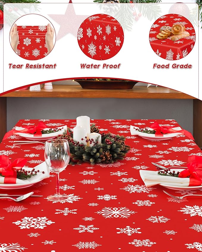 4 PACK Snowflake Tablecloths, 54" x 108" Holiday Party Decor, Red Snowflakes Tablecloth Xmas Plastic Tablecloth Disposable Table Cloth Rectangle Tablecover, Winter Decorations Holiday Party Supplies