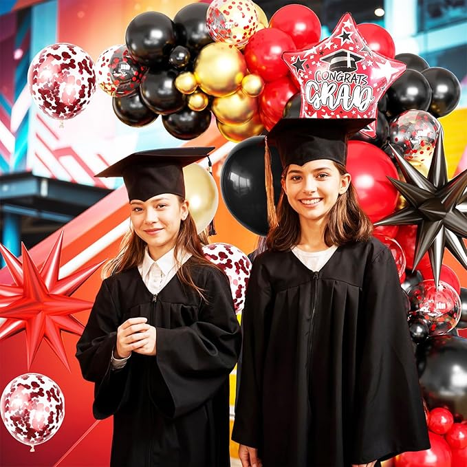 Red Black Gold Balloon Arch Kit with Explosion Star Foil Balloons Black Gold Balloons Red Confetti Graduation Balloon Garland for 2025 Graduation Decoration Birthday Baby Shower Party