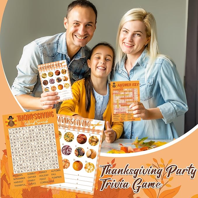 COCHIE 30 Players Thanksgiving Games for Family Party Adults Office Large Groups, Word Search Games, Food Quiz Game, Fall Classroom Activities with Answer Key (Thanksgiving B)