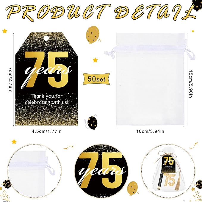 Spakon 25 Set 75th Birthday Party Favor for Guest Anniversary Party Favor Golden Birthday Bookmark Thanks for Coming Pen with Tag Appreciation Gifts for Women Men Wedding New Year