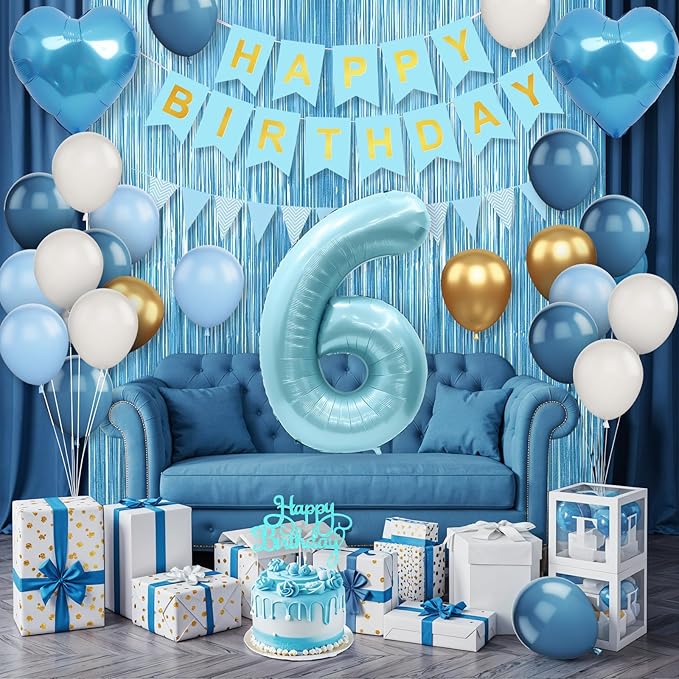 6th Birthday Decorations Blue White Gold, 25pcs Balloons, Banner, Fringe Curtain, Cake Topper, Heart Balloons for Boys Girls 6 Year Old Birthday