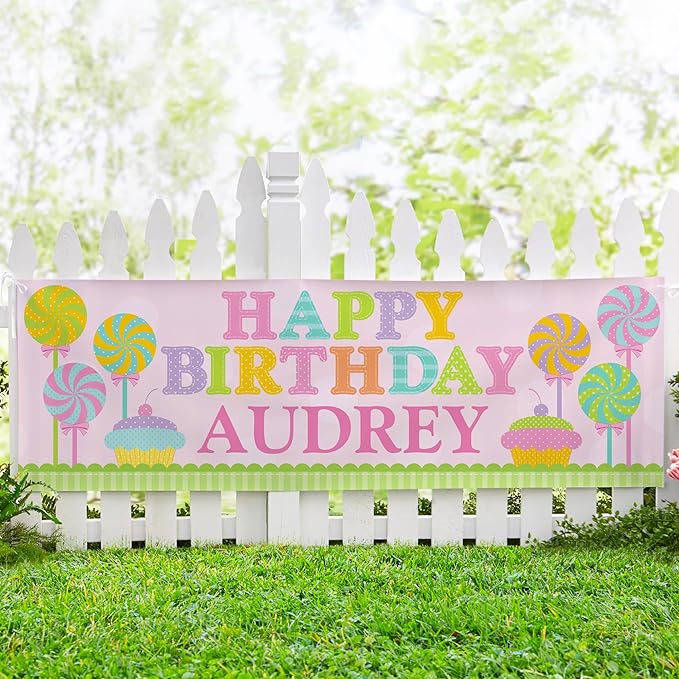 Let's Make Memories Personalized Pink Happy Birthday Banner for Kids - Custom Birthday Party Decorations - Indoor/Outdoor Vinyl - Any Name - Sweets Design - 6ft
