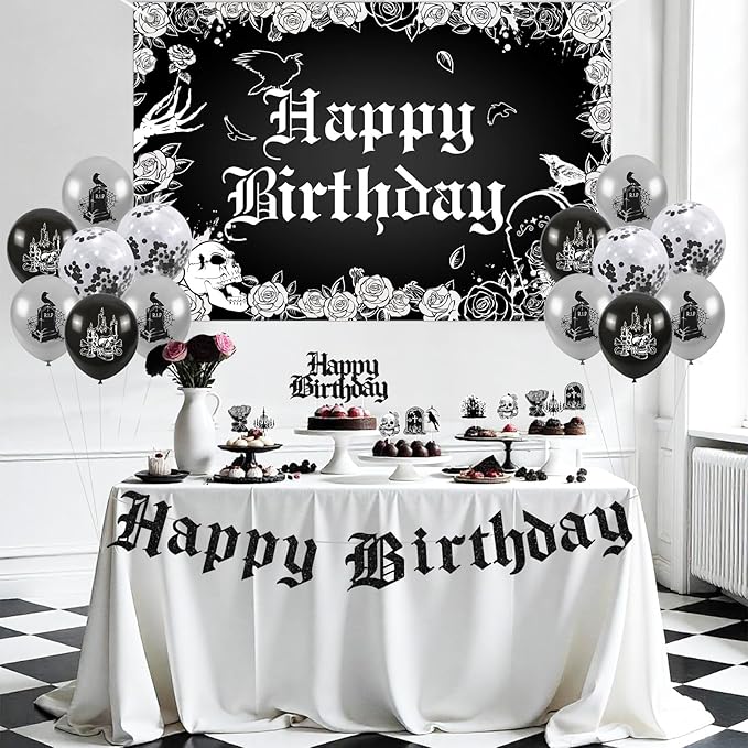 Gothic Birthday Decorations, Skull Theme Happy Birthday Backdrop Cake Topper Banner, Black Silver Cupcake Picks Balloons Bday Party Supplies Photography Background for Men Women